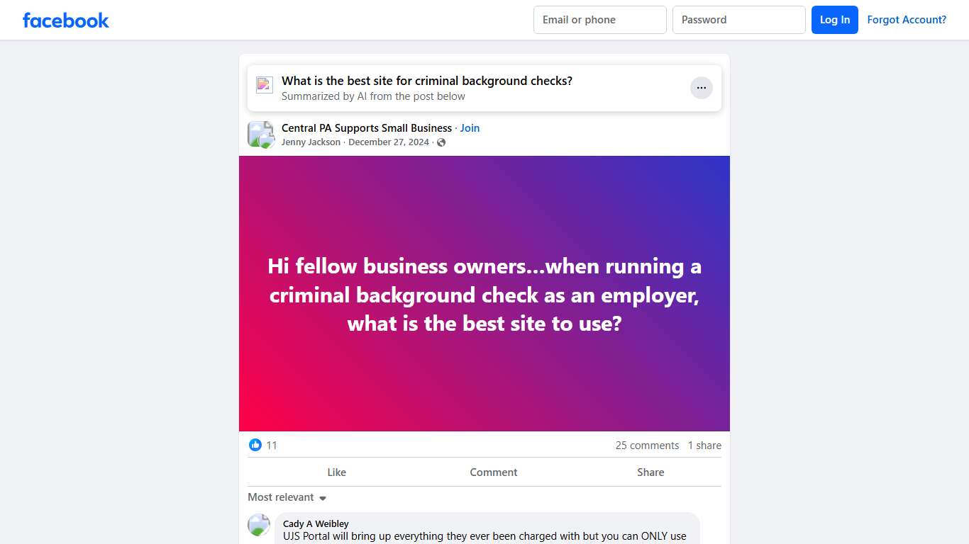 Central PA Supports Small Business | Hi fellow business owners…when running a criminal background check as an employer, what is the best site to use | Facebook